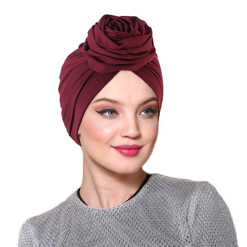 

Fashion New Solid Top Knot Head Scarfs Turban Hat Pre Tied Women Polyester Turbans with Flower