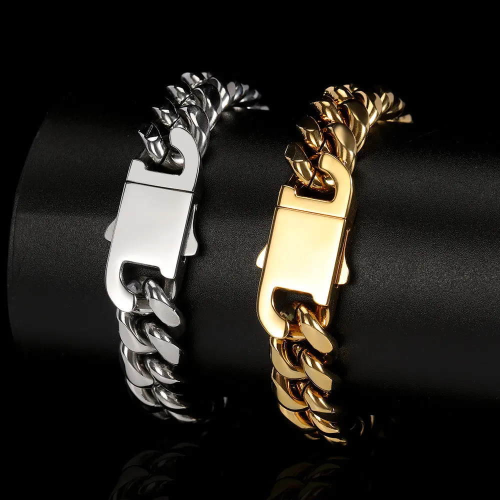 

NUOYA Hip Hop Jewelry Miami Link Stainless Steel Bracelet Men Cuban Bracelet, Gold color/silver color