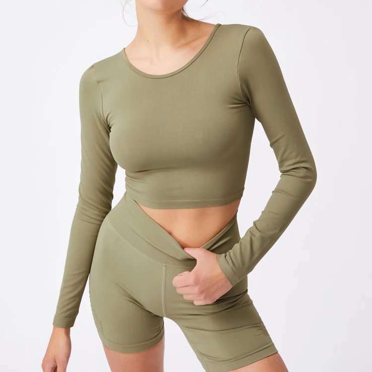 

2021 sexy running yoga long crop top high impact solid long sleeved yoga tops, Black, white, rose red