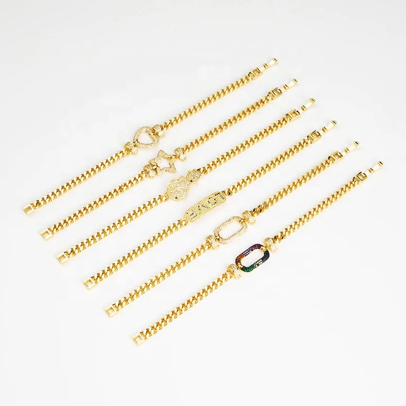

Copper Inlay Rhinestone Bracelet Women Hip Hop Cuban Chain Bracelets, Gold color