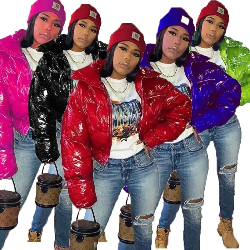 

Y-3216 European And American Pu Bright Face Stand-Collar Cotton Jacket For Autumn And Winter New Solid Color Zipper Jacket