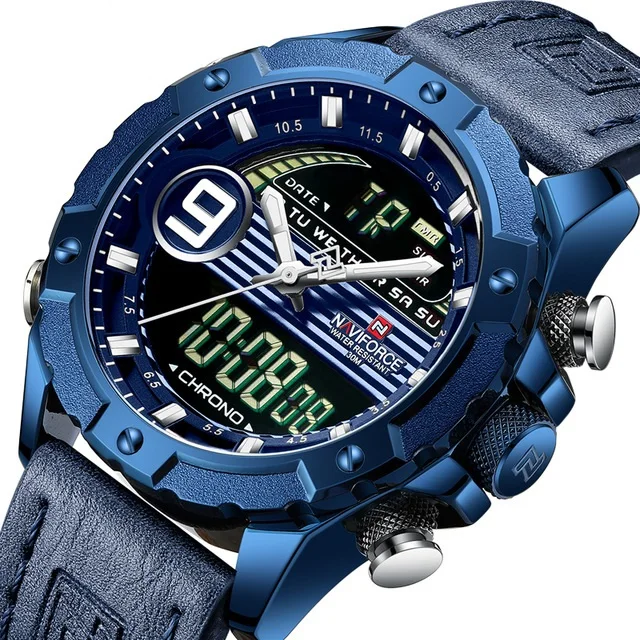 

NAVIFORCE Watch Men 9146 Top Luxury Genuine Leather Quartz Watches Men Wrist Digital Military Wristwatches Relogio Masculino, 2 colors