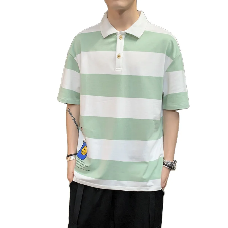 

Summer Hong Kong style lapel short-sleeved T-shirt male loose trend striped couple POLO shirt half sleeve t-shirt