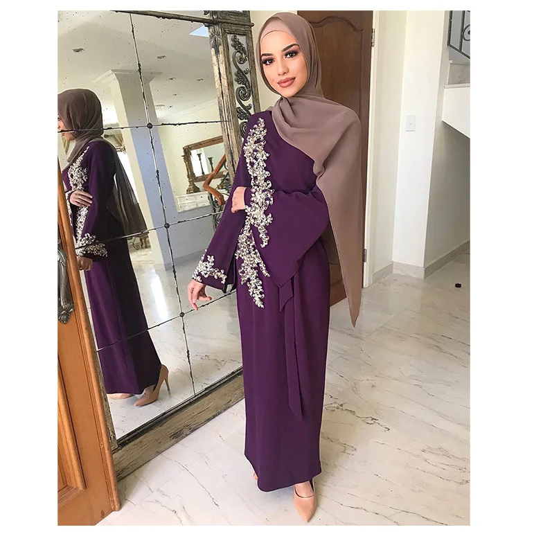 

2021 Autumn Spring Fashion Tassel Stitching Long Sleeves Muslim Maxi Dress Women Abayas, Pink;gray;black