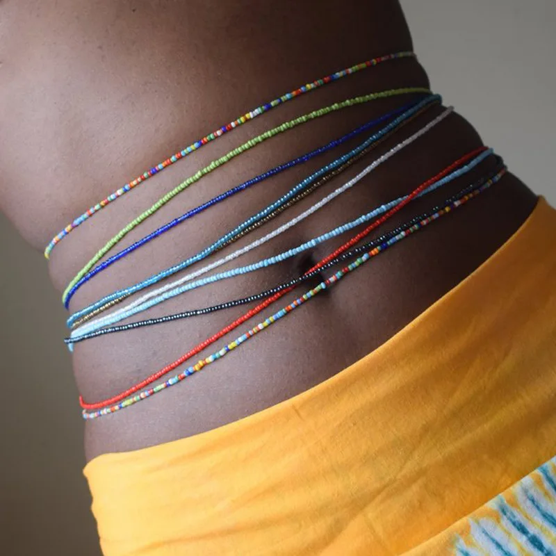 

Hot Sale African Waist Beads Belly Chain Body Jewelry Bohemian Style Elastic Colorful Rice Bead Waist Chain For Women