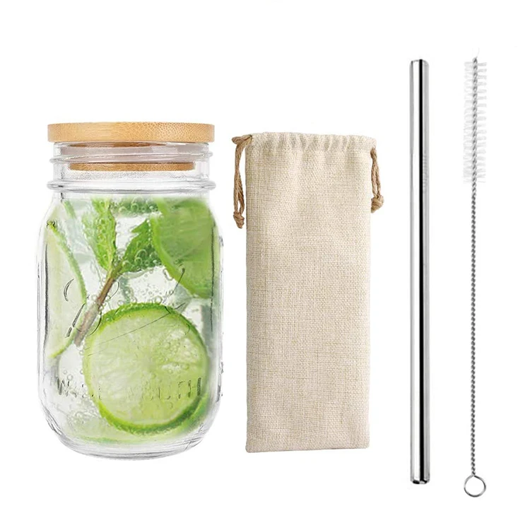 

Luxurious Large 480ml 16 oz Zero Waste Reusable Bamboo Regular Ball Removable Mason Jar Lids with Stainless Steel Straw, Transparent