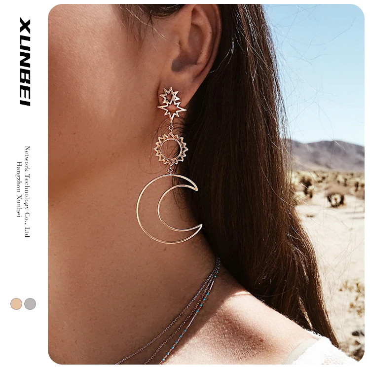 

2021 fashion trendy Boho gold sliver plated Bohemia Asymmetric Geometric women Sun Flowers Star Moon Korean stud drop Earrings