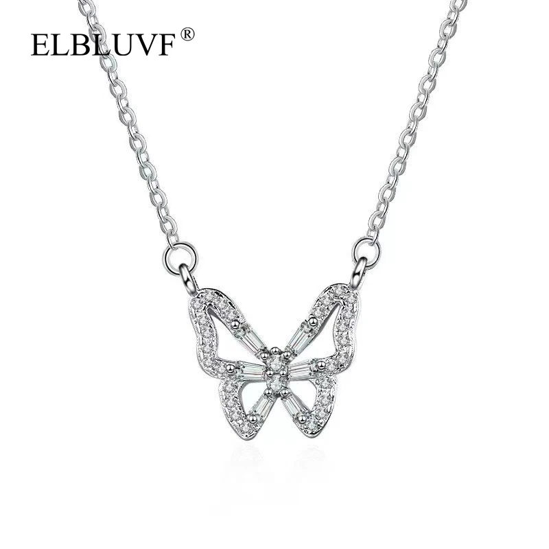 

ELBLUVF Free Shipping Hot Sell Korea Style Women 925 Sterling Silver Plated Copper Zircon Butterfly Necklace