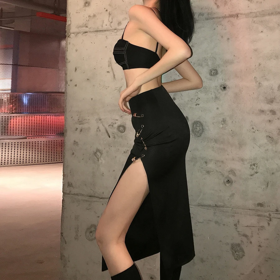 

Peeqi Summer split elastic waist leisure fashion straight wrap sexy skirt party wear 2021 black long skirt women lady girls
