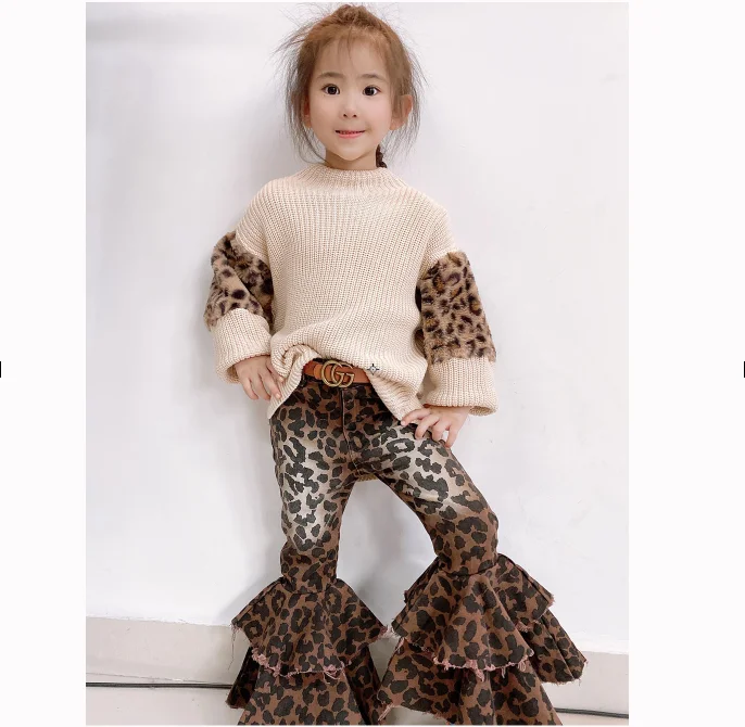 

RTS Winter double flare bells kids bell bottom pants girls printed double jean bells, Leopard and black star