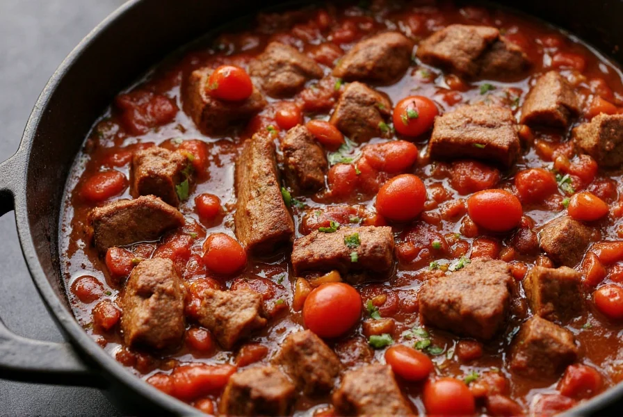 Smoked brisket chunks in cast iron pot with tomatoes and spices for authentic Texas brisket chili recipe
