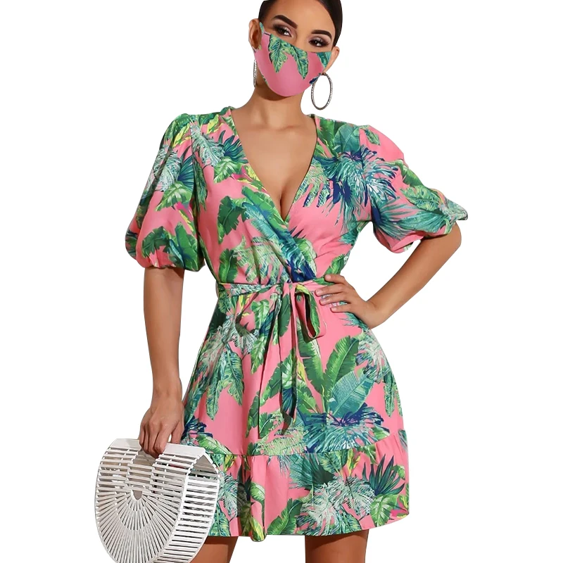 

Summer Women's Sexy V-neck Printed Tunic Short Sleeve Casual Party Beach Boho A Line Dress