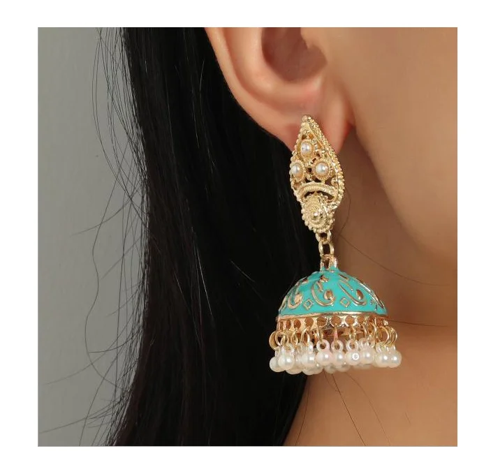 

2021 new fashion earrings Indian jhumka ethnic fashion bell pearl earrings factory wholesale, Black white red blue