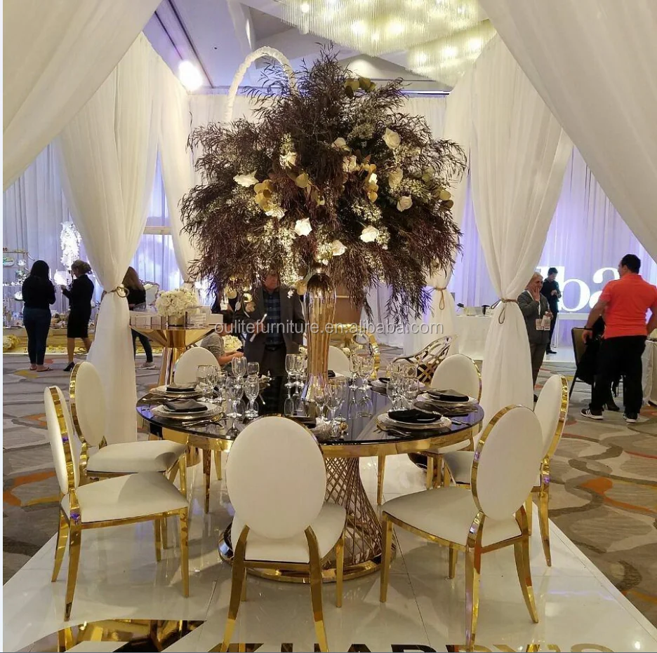Wedding Stainless Steel Gold Frame Round Mirror Glass Top Dinner Table
