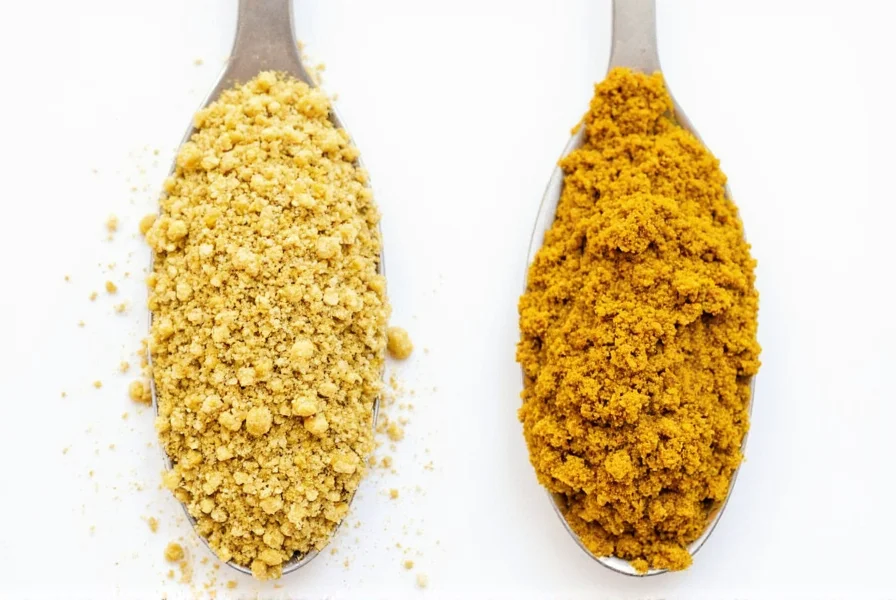Close-up comparison of ground mustard and dry mustard in spice jars showing identical powder texture