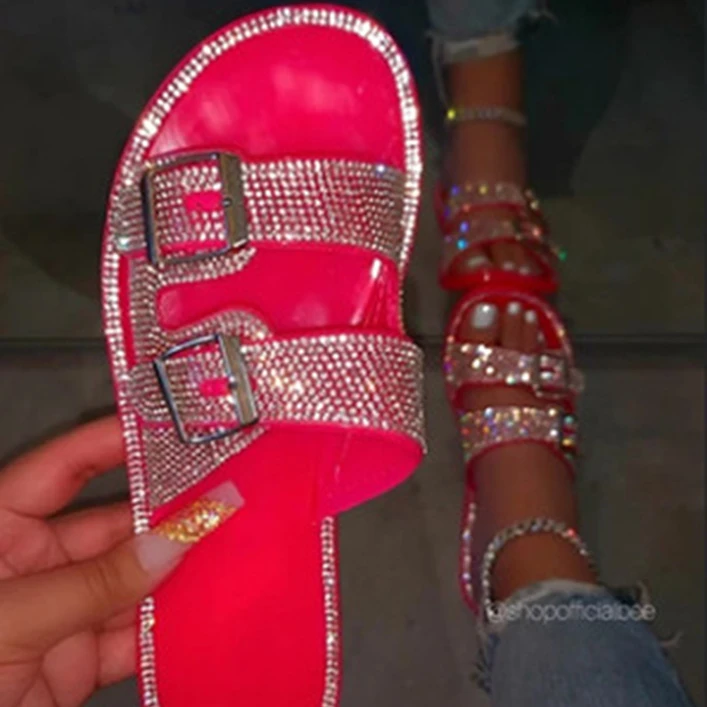 

2021 new Women Sandals Bling Flat Rhinestone slide Ladies Beach slipper Lady large size Sandals, Green,white,black,red