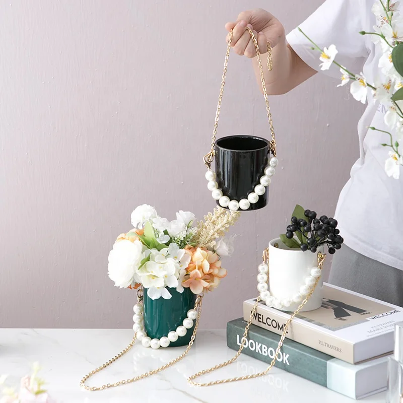 

Wholesale mini chain makeup holder ceramic carry vase cup for home decoration, Green