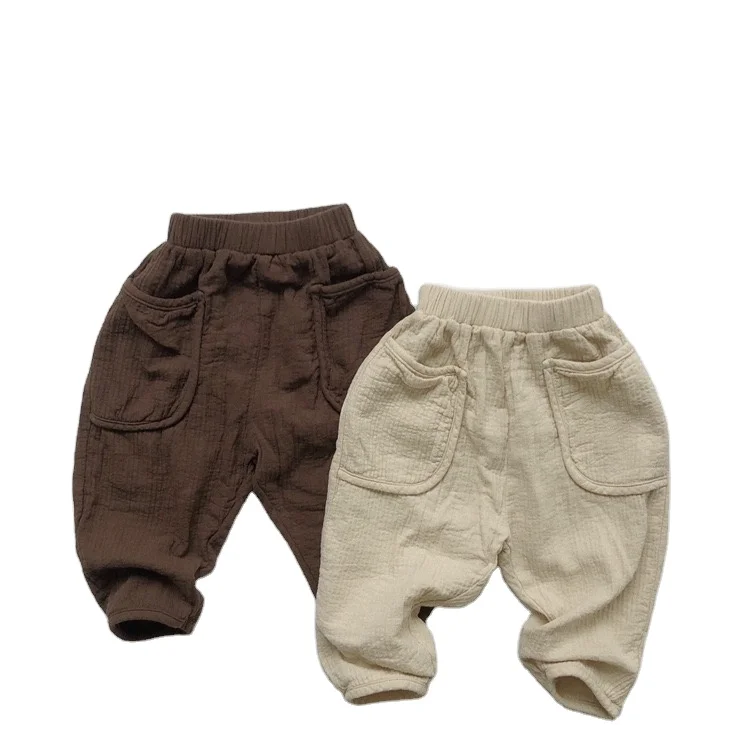 

HXFS Australia Korean Boutique Autumn Pants for Kids Front Pockets Children Trousers Cotton Linen Blank Kids Pants Linen