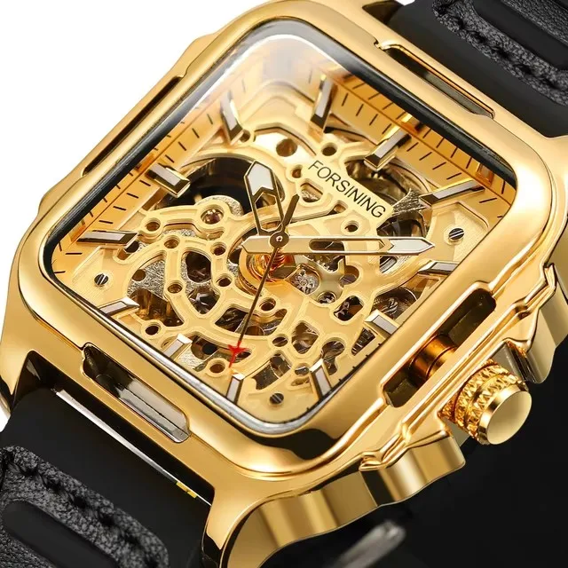 Forsining Men's Sport Luxury Watch Classic Square Silicone Band Automatic Skeleton Mechanical Waterproof Wristwatch
