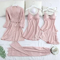 

Chinese Satin Pajamas Set Wholesales 5pcs PJ Set Night Wear - Robe & Chamise & Pants&Chamise Dress Pijamas