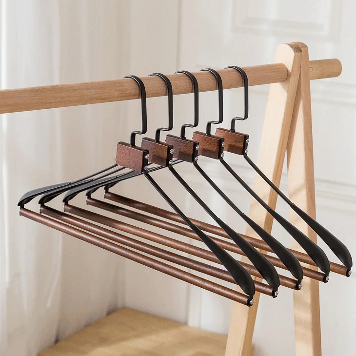 

Boutique Flat Hook Shirt Hanger Metal Wood Hangers With Round Bar, Black or white