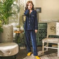 

Elegant European Design Solid Blue Color Velvet Fleece Soft Smooth Pajamas Suits Women's Sleep Wear