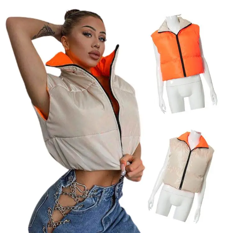 

Womens winter outfits warm vest Slim cotton Quilted Padded reversible Sleeveless cropped short bubble coat puffer vest jacket, 5 colors