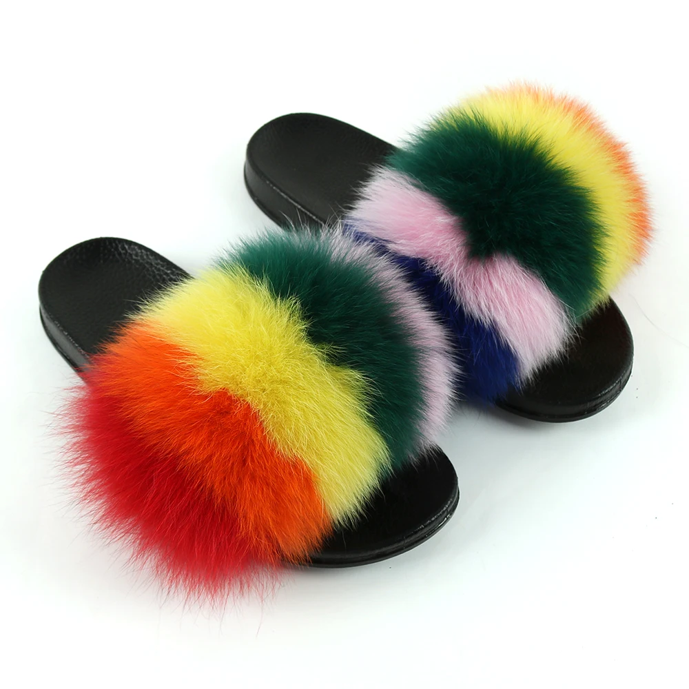 

High Flat Sandals for Ladies Fox Slippers Faux Designer for Home Brand Winter Diamond Pendant Fur Slipper