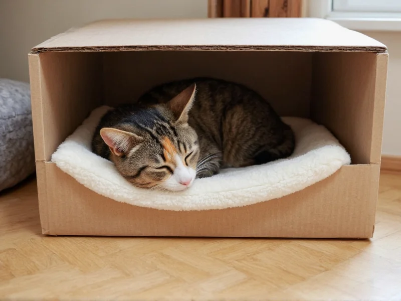 Cat sleeping in reinforced cardboard cat bed with fleece lining