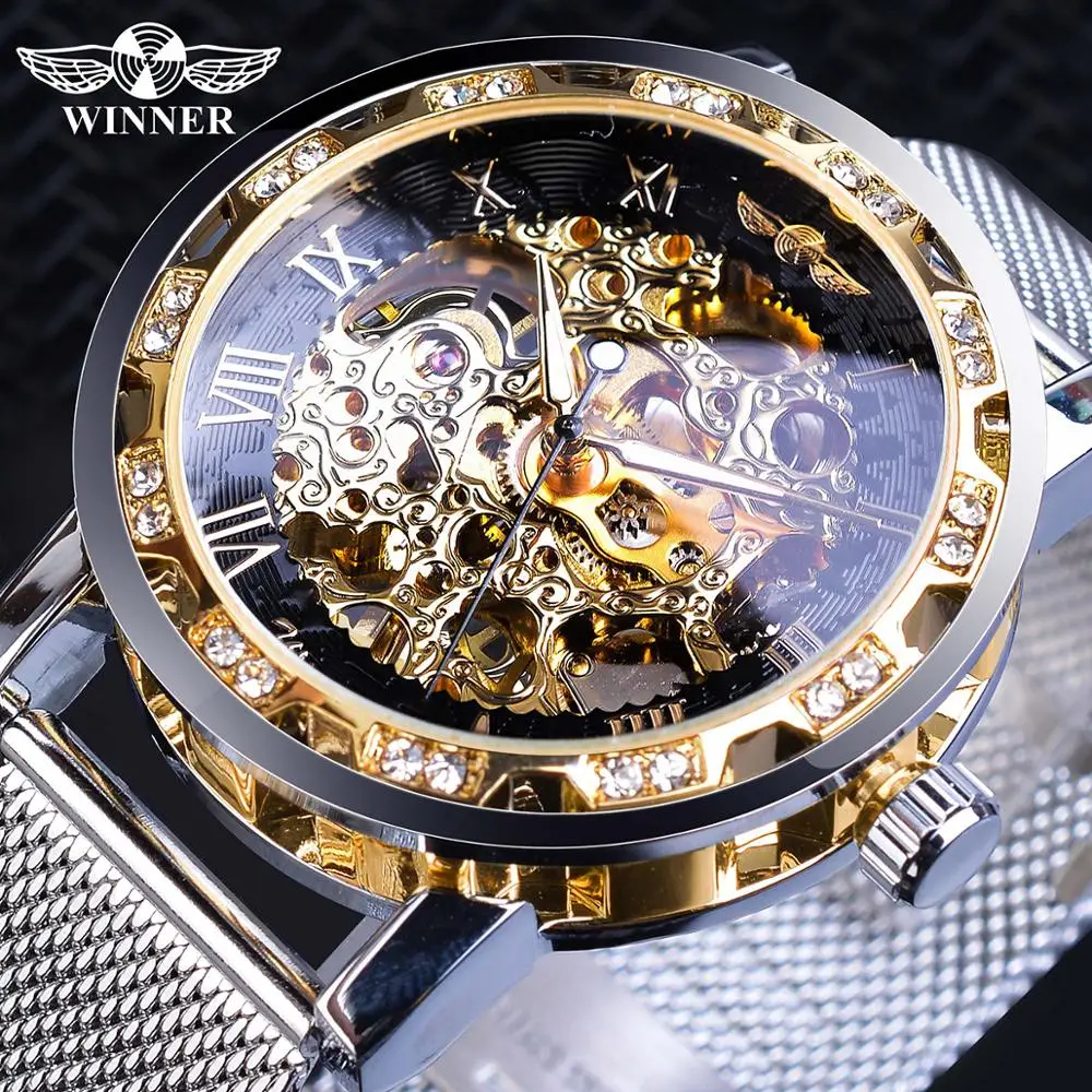 

Fashion Business Mechanical Watches Men Winner Watch Rhinestone Golden Skeleton Stainless Steel Mesh Band Male Clock Relogio, Silver