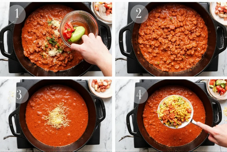 Step-by-step preparation of whole30 compliant chili in cast iron pot with fresh ingredients