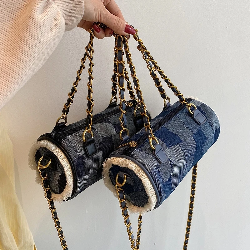 

2021 fashion Designer Patchwork Chain Boston Bag Female Cylinder Shoulder Bags denim purse handbag, Customizable