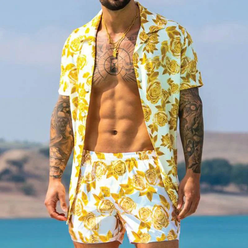 

Summer beach vacation Hawaiian style print suit short sleeve shirt and elastic waist shorts mens casual shirt suit