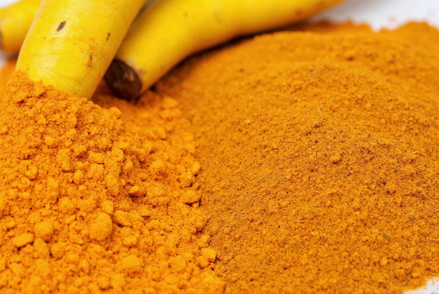 Close-up of turmeric root and ground turmeric spice showing the vibrant yellow-orange color difference between fresh and dried forms