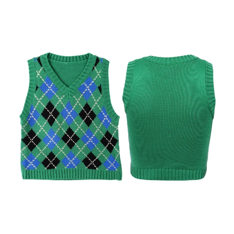 

Cheap Womens Y2K Skirt England Style Knitwear Tank Tops Girls Vintage Plaid Knitted Sweater