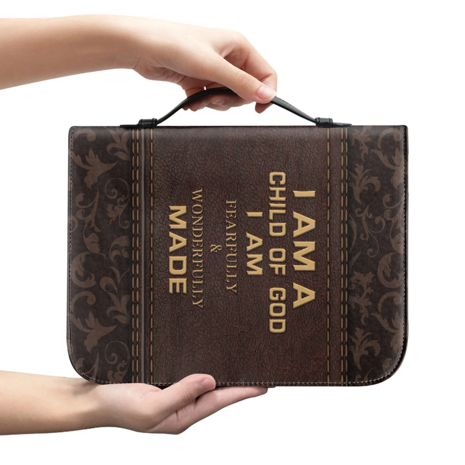 Men Women's Leather Bible Cover with Large Capacity Print Demand Planner Cover Handle Zipper Closure Pen Slots Pockets Bible Bag