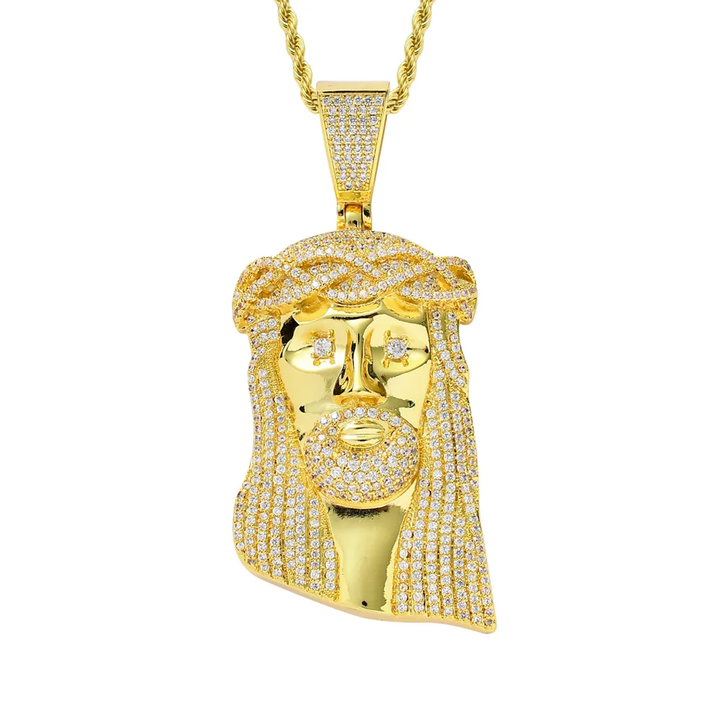 

European and American Retro Christ Jesus Head Pendant Micro Inlaid Zircon High 92mm Big Pendant Exaggerated Hip Hop Jewelry, Gold silver