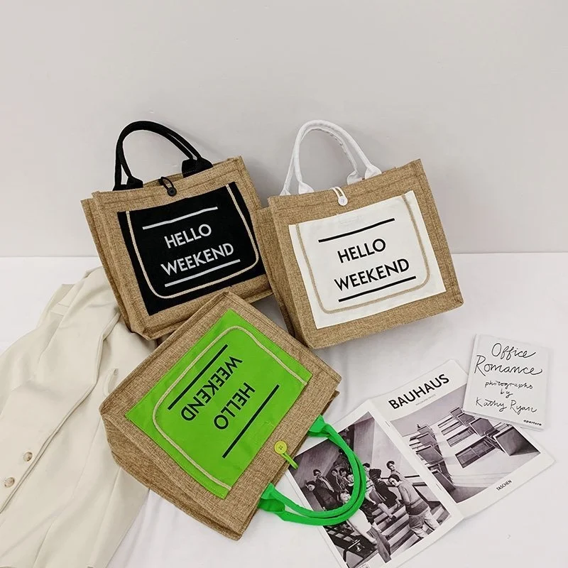 

Letter Stitching Shopping Tote Bag Large Capacity Burlap Linen Tote Bag Luxury Handbags For Women, Black, white, green