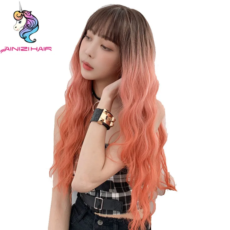 

Ainizi wholesale price high quality 26 inch fashion Asian water wave color long curly synthetic hair wigs for female, Photo color