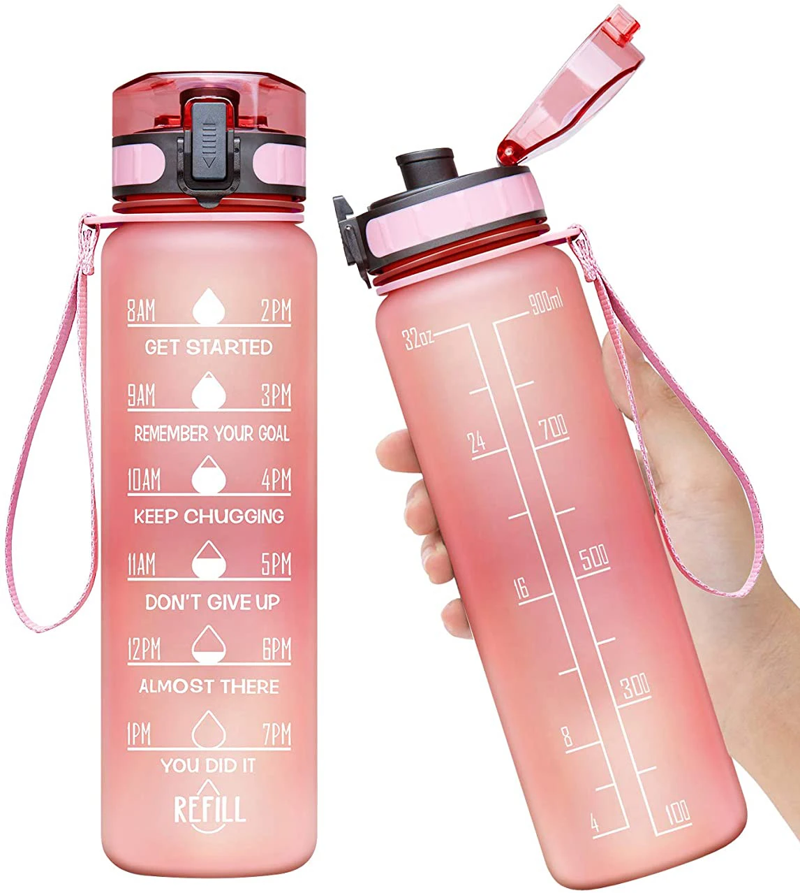 

PINK Motivational Fitness Sports Water Bottle with Time Marker & Removable Strainer,Fast Flow BPA Free Plastic Bottle, Customized color