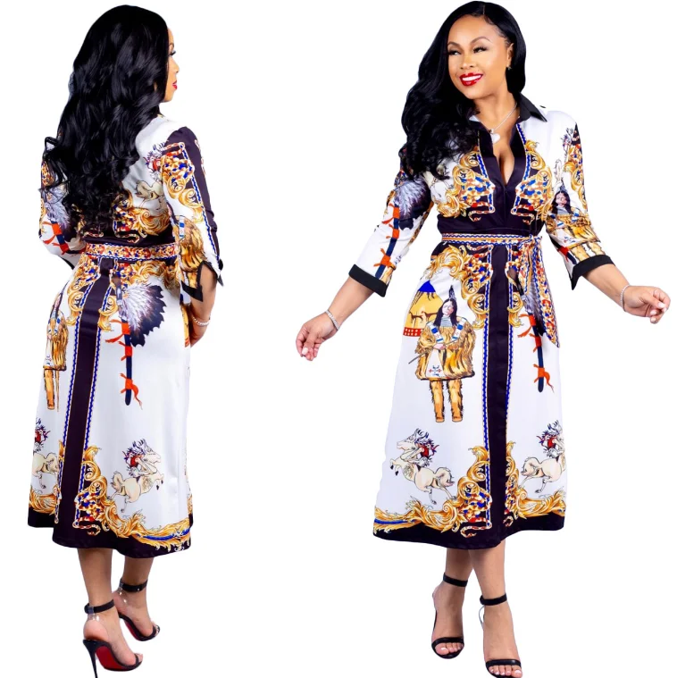 Amazon No MOQ Lady Sexy Ethnic Style Dress Girl  V collar Half Sleeve Belt Relaxation Of Leisure Long Skirt