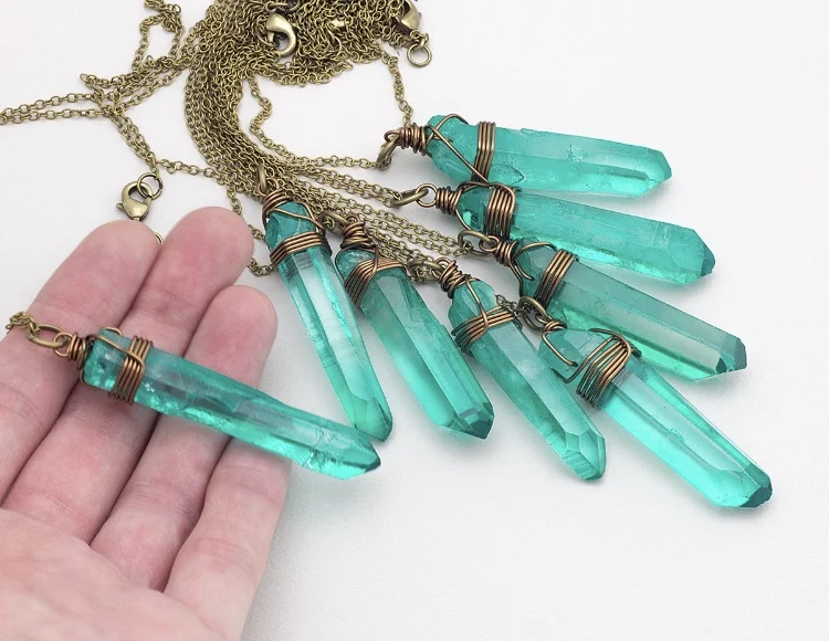 

LS-B1125 Large Seafoam Green Quartz Necklace Bronze Raw Crystal Necklace Point Rough Quartz Healing Boho Gemstone necklace