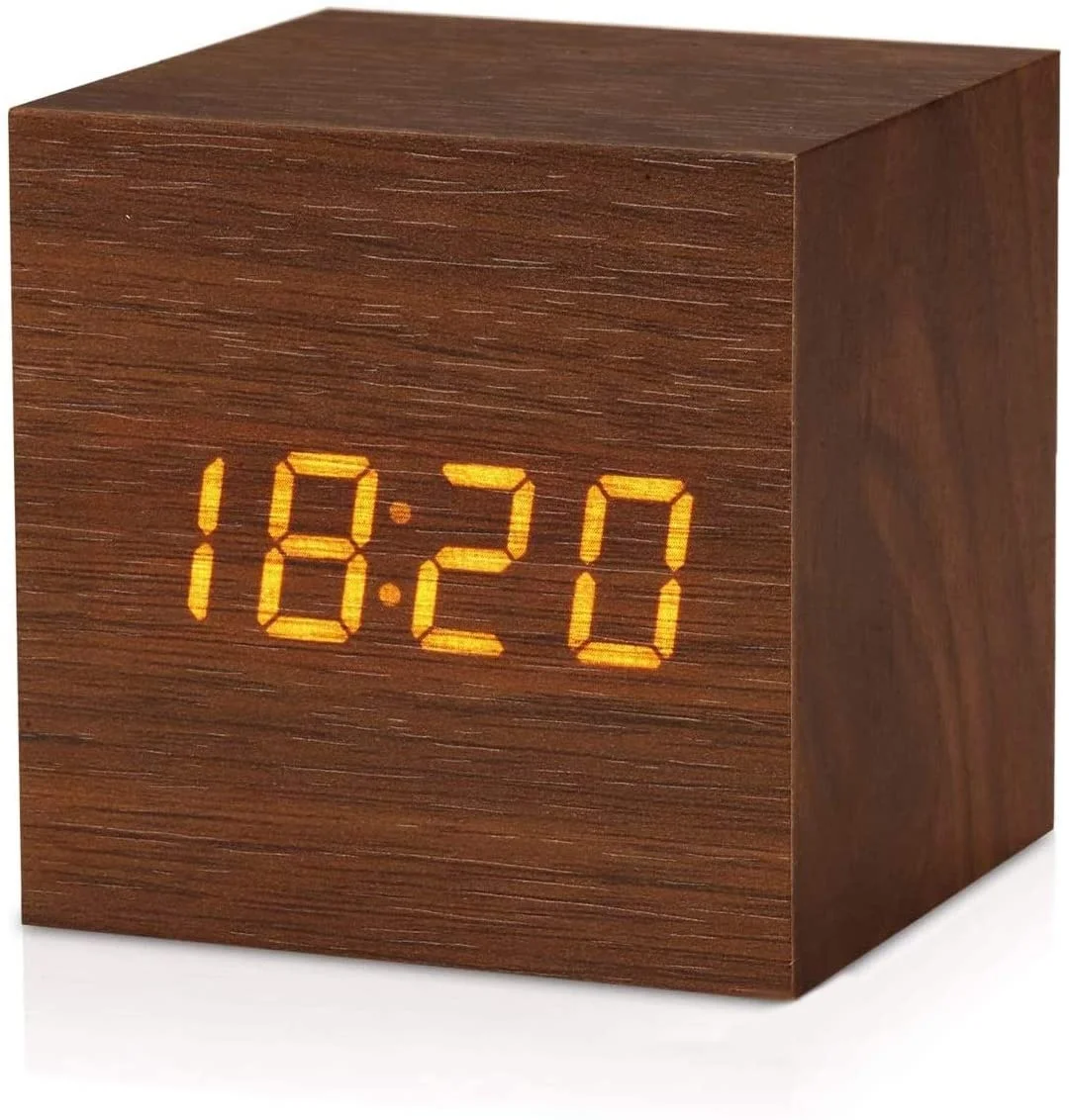 

Little Cube LED Wooden Digital Sound Control Brightness Adjustable Alarm Clock for Bedroom, Office, Desk