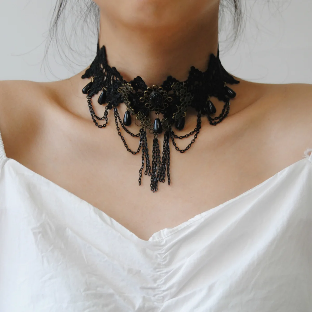 

Gothic Chokers Black Stone Sexy Lace Neck Choker Necklace Vintage Victorian Women Chocker Steampunk Halloween Jewelry
