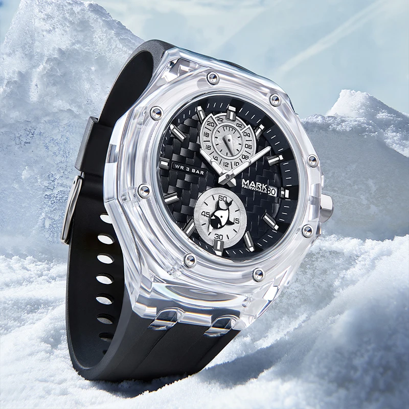 Fashion  Chronograph Sport Men Watches Luxury Acrylic Transparent case 3ATM Waterproof Male Quartz Watch
