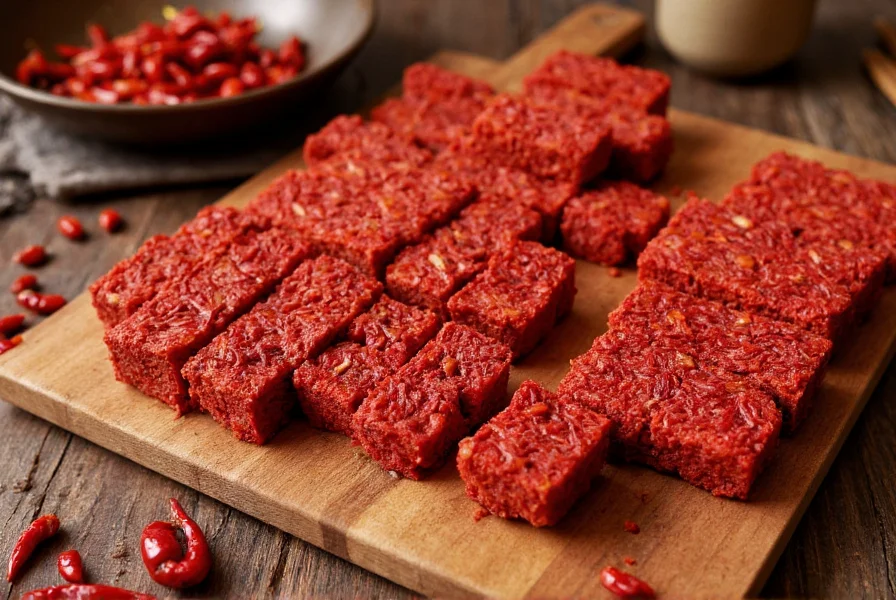 Close-up photograph of red chili bricks showing compressed dried chilies in rectangular blocks on wooden cutting board with traditional Chinese cooking utensils