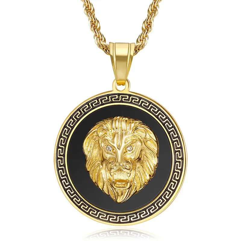

joyas de hombre gold plated medallion pendant lion head necklace stainless steel, Silver, 18k gold