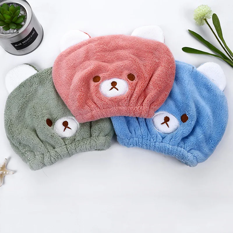 

Cute Animal Bear Embroidery Absorbent Children's Soft Dry Hair Cap Hair Drying Cap Bonnet Microfiber Towel for Hair, Pink, blue, khaki, green