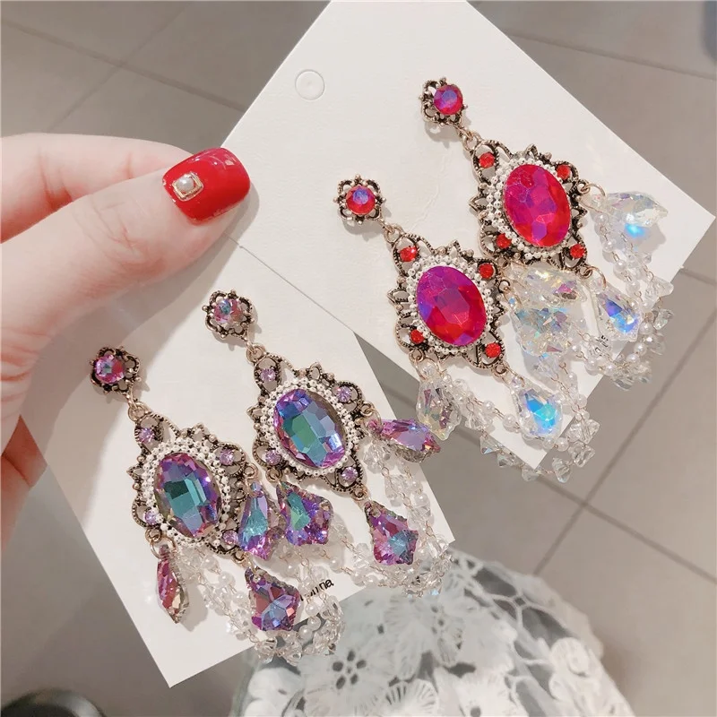 

Kaimei Korean Fashion Ear Jewelry Silver Post Water Drop Color Tassel Stud Earring Ruby Crystal Big Dangle Earrings Wholesale, Many colors fyi