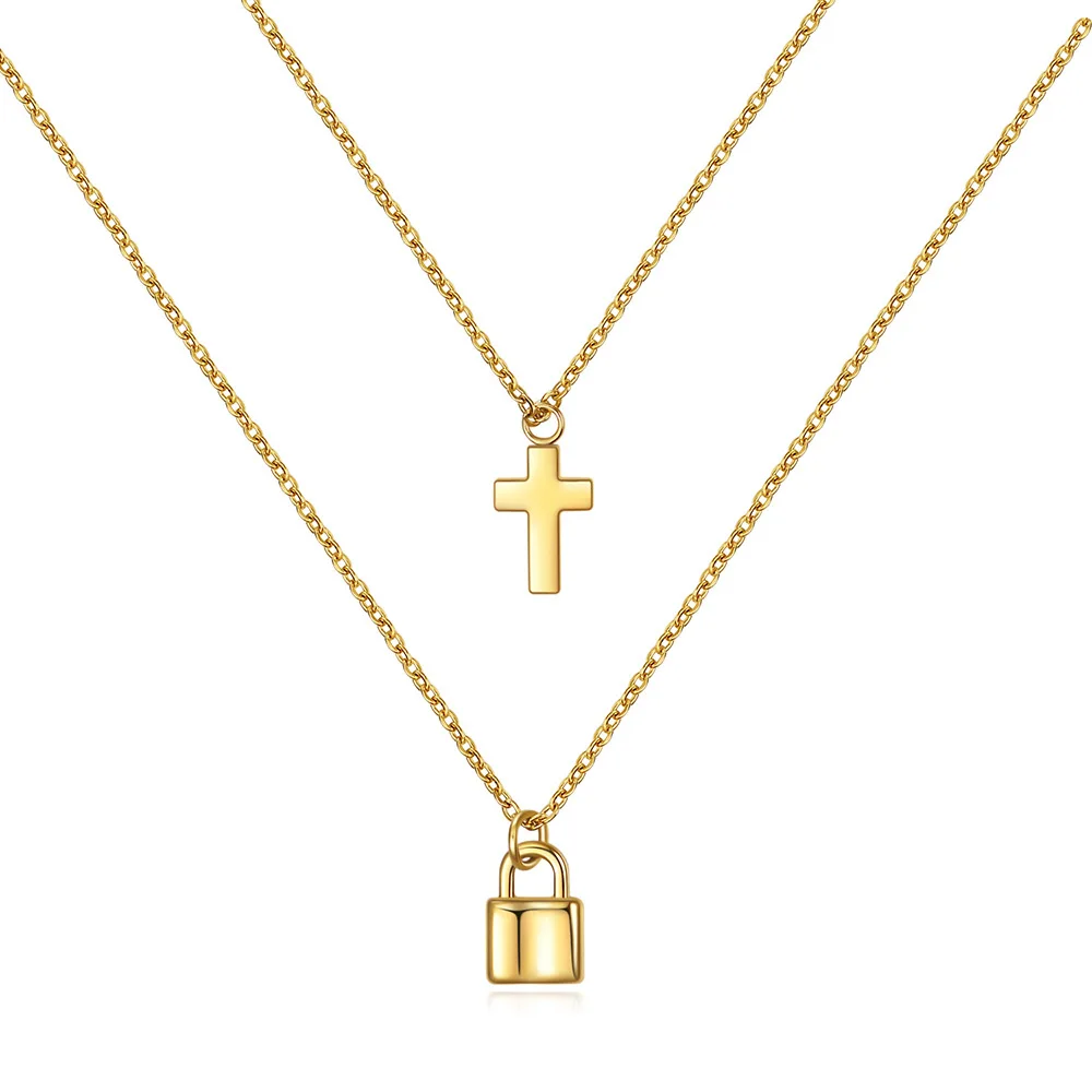 

Newest Fashion Gold Padlock Necklace 18K Gold Simple Stainless Steel Tiny Cross And Lock Pendant Layered Neckalce For Women Girl, Silver color, could be gold or black plated